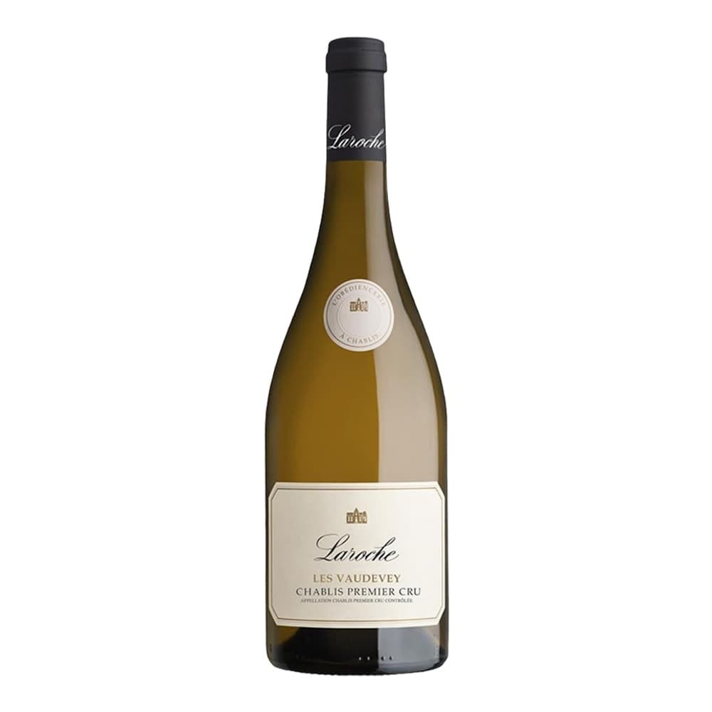 A bottle of Laroche Les Vaudevey Chablis Premier Cru white wine with a black cap and cream-coloured label on a white background.