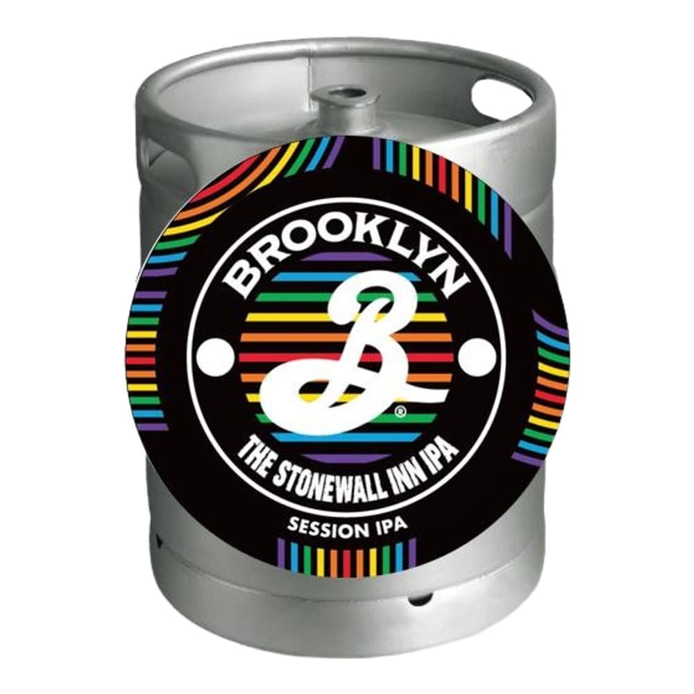 Stainless steel beer keg with Brooklyn Brewery branding and rainbow-striped circular label for The Stonewall Inn IPA Session IPA