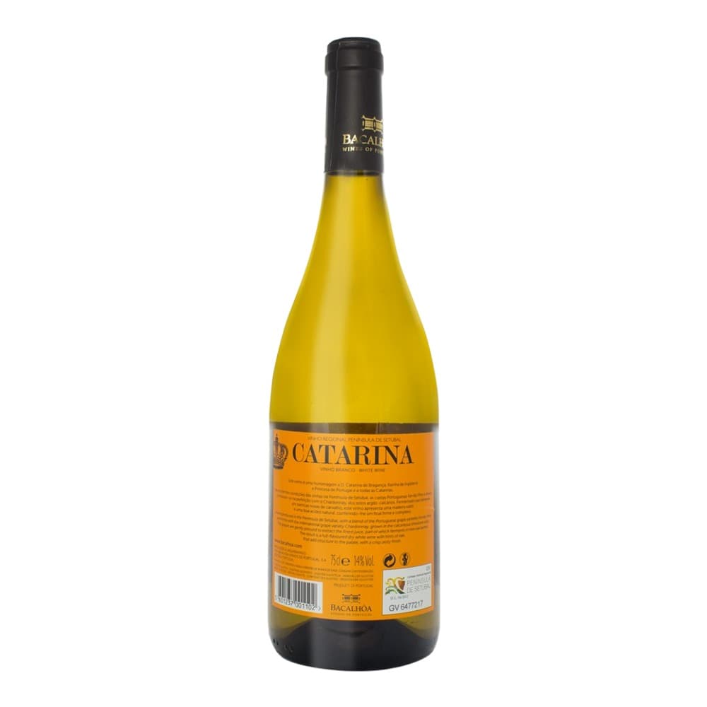 A bottle of Bacalhoa Catarina white wine with a black cap and orange label, isolated on a white background.