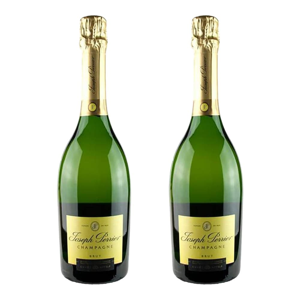 Two bottles of Joseph Perrier Champagne Brut with gold foil-wrapped tops and yellow labels on a white background