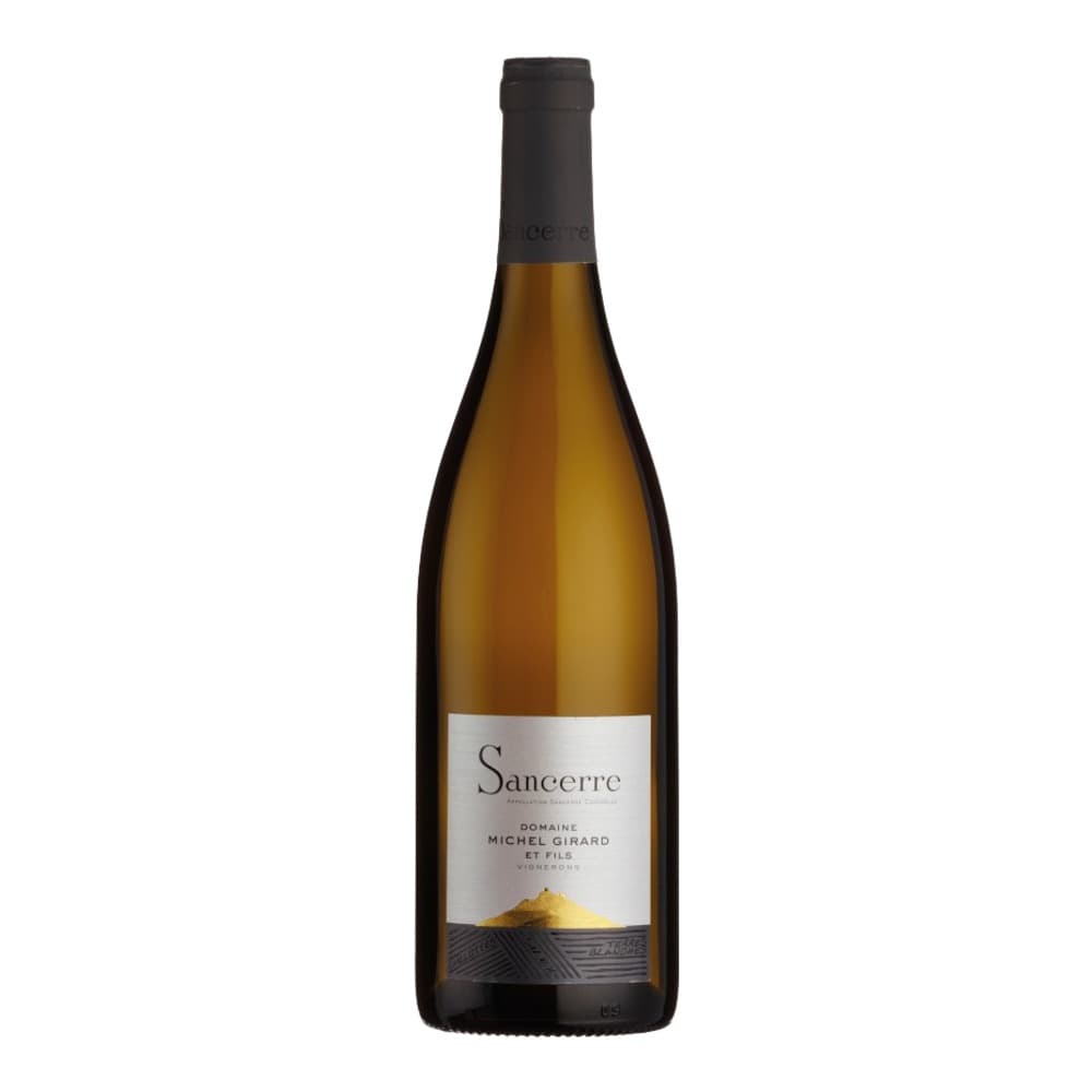A bottle of Sancerre white wine from Domaine Michel Girard et Fils, featuring a pale golden liquid and a white label with a gold vineyard illustration on a plain white background.