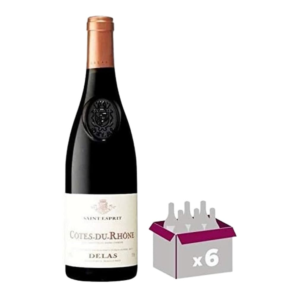 A bottle of Saint Esprit Côtes-du-Rhône red wine next to a packaging box showing a case of six bottles, on a white background.