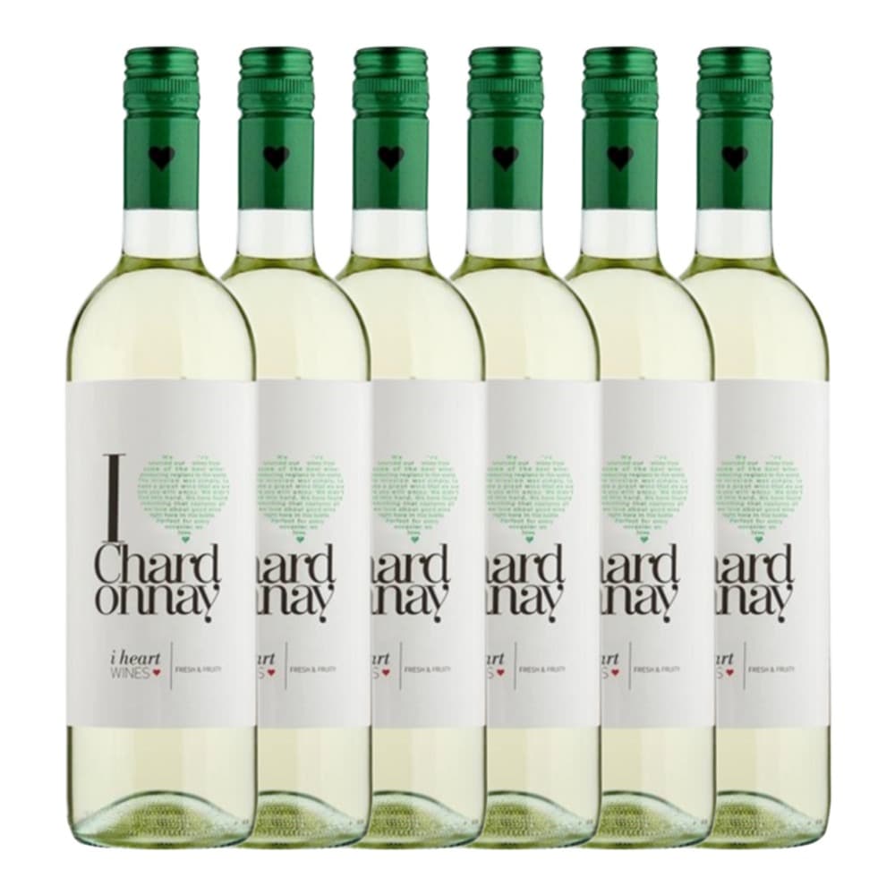 Six bottles of Chardonnay white wine with green caps and white labels featuring a heart design, arranged in a row against a plain white background.