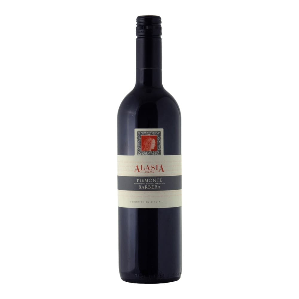 A bottle of Alasia Piemonte Barbera red wine from Italy, displayed against a white background with a cream and dark label featuring a classical portrait medallion.
