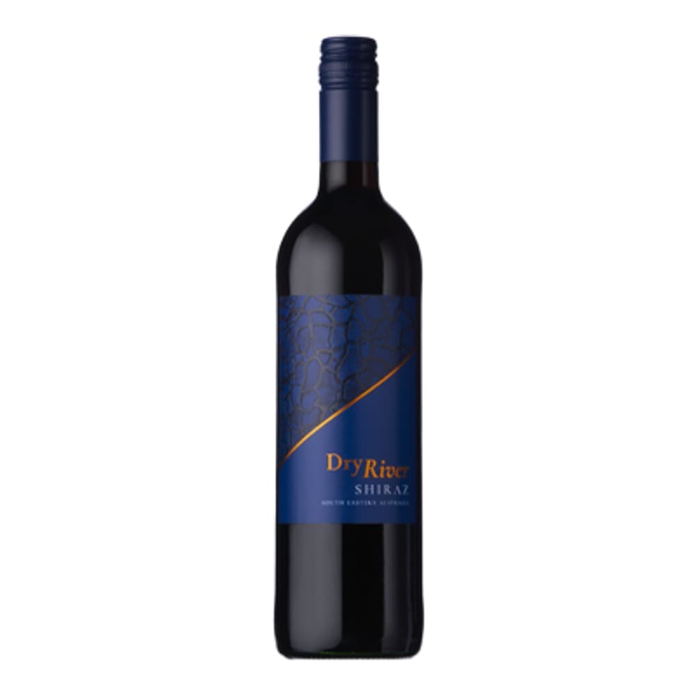 A bottle of Dry Red Shiraz wine with a dark blue label and gold accent, photographed against a white background.