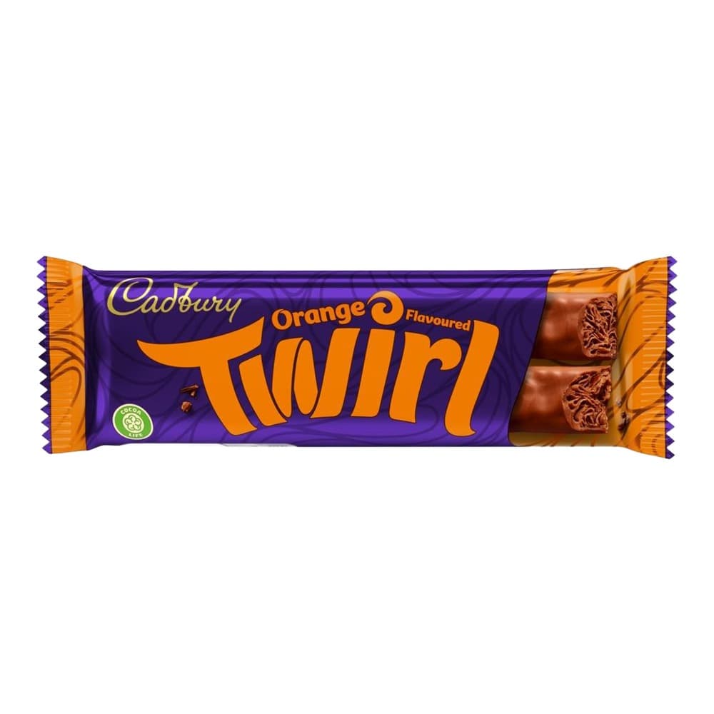 Cadbury Twirl orange-flavoured chocolate bar displayed against a white background, showing purple and orange packaging with the product visible through a window.
