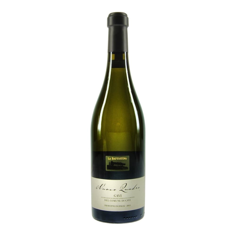 A bottle of La Battistina Gavi white wine with a yellow-green label against a white background.