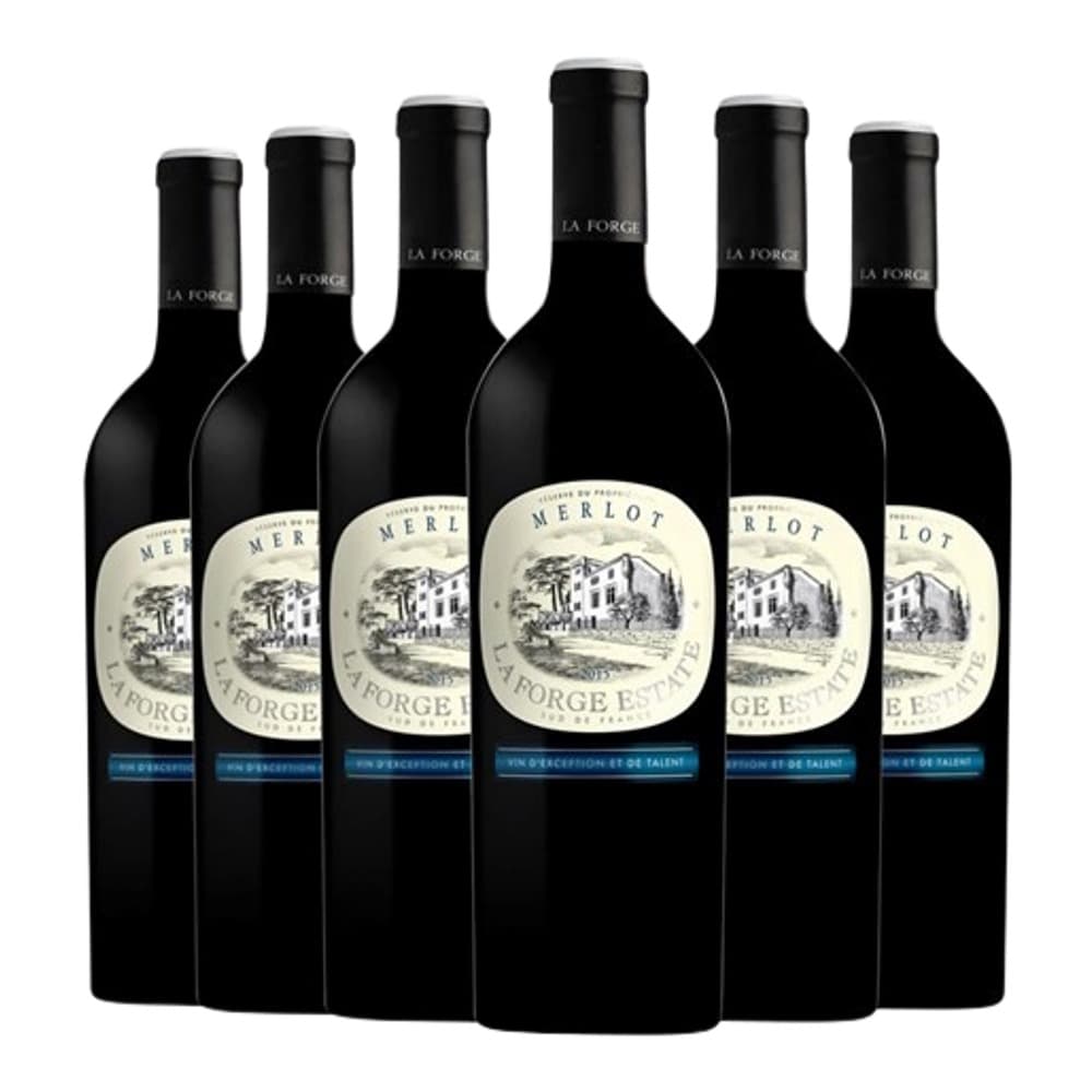 Six bottles of La Forge Merlot red wine arranged in a row against a white background