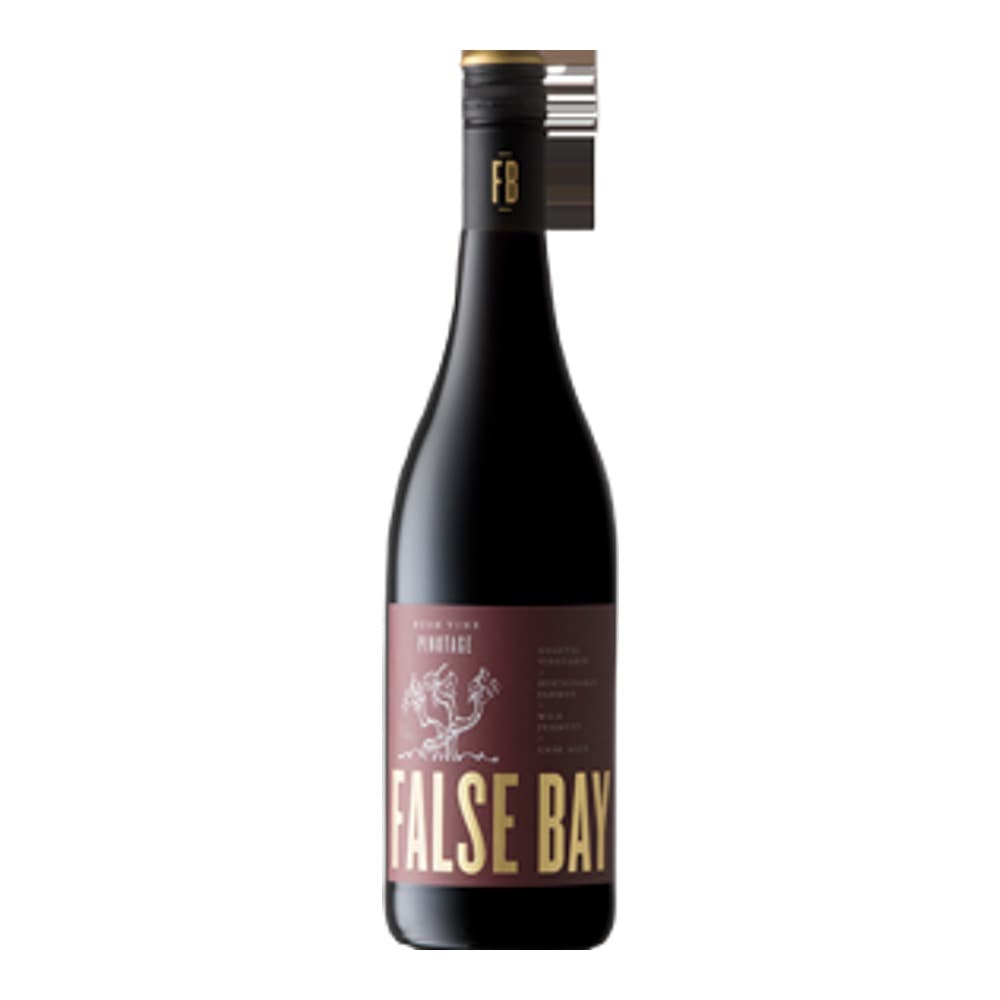 A bottle of False Bay red wine with dark label against a plain background