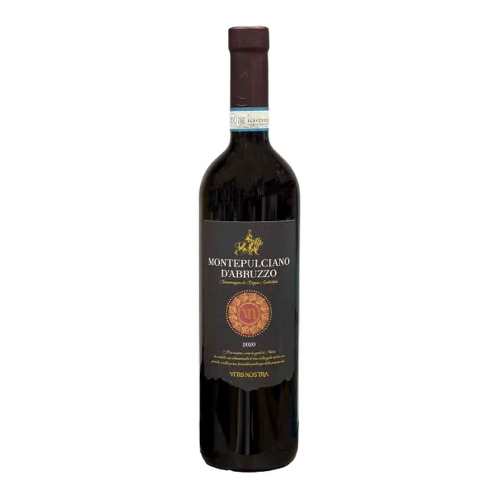 A bottle of Montepulciano d'Abruzzo red wine from Vitis Nostra, vintage 2020, photographed against a white background.
