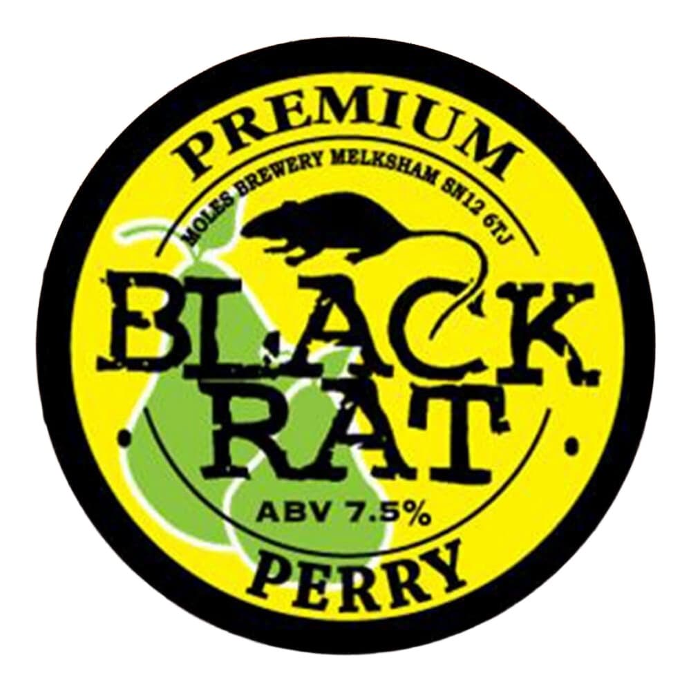 Circular beer pump clip or tap badge for Premium Black Rat Perry ale by Holes Brewery, featuring yellow and green branding with alcohol content 7.5% ABV