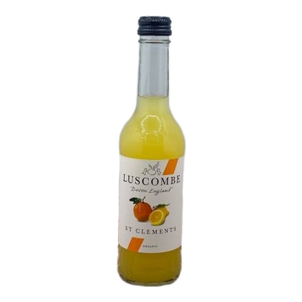 A bottle of Luscombe St Clements soft drink with yellow liquid, displayed against a wooden surface and plain background.