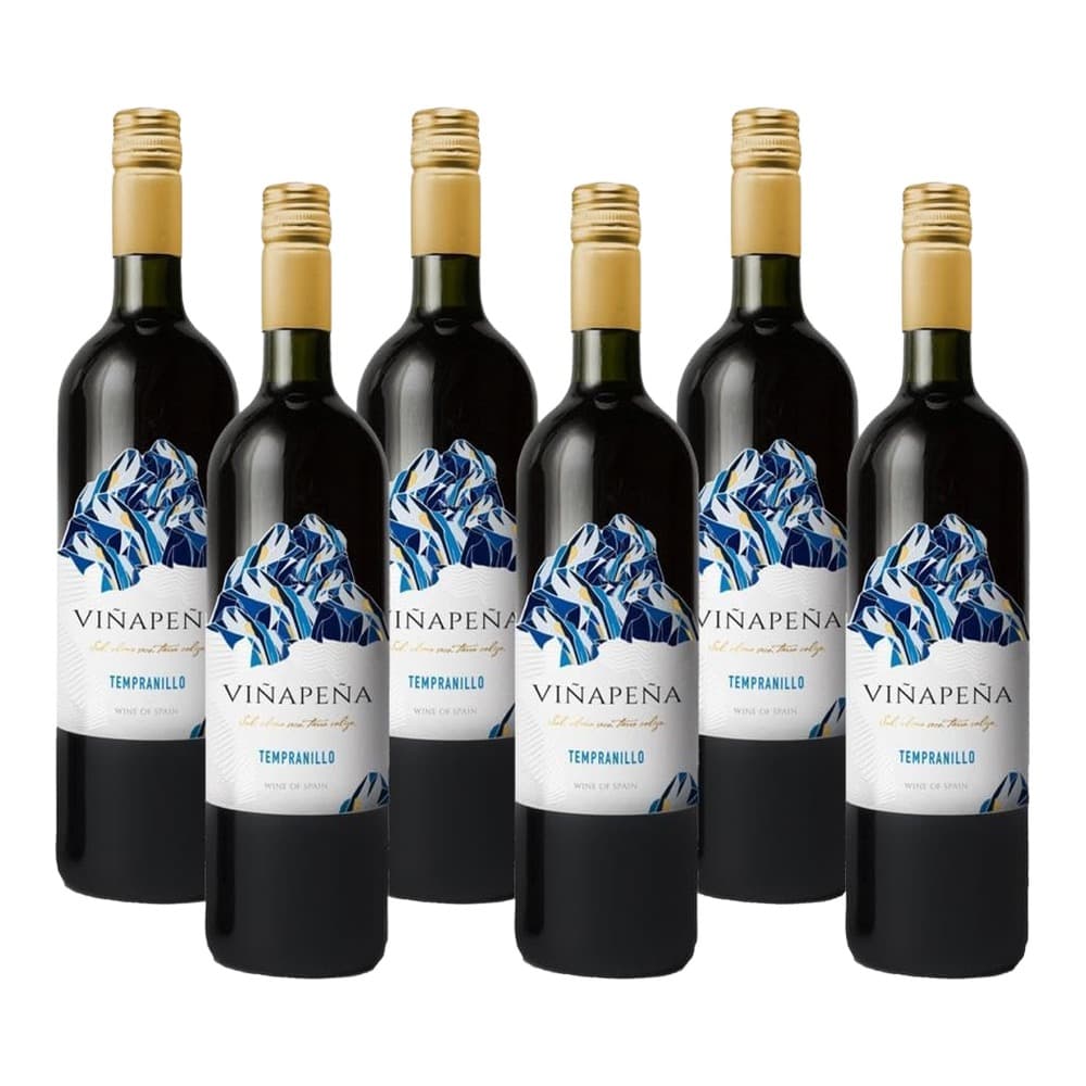Six bottles of Viñapeña Tempranillo red wine from Spain arranged in two rows against a white background, featuring gold foil caps and blue and white mountain-themed labels.