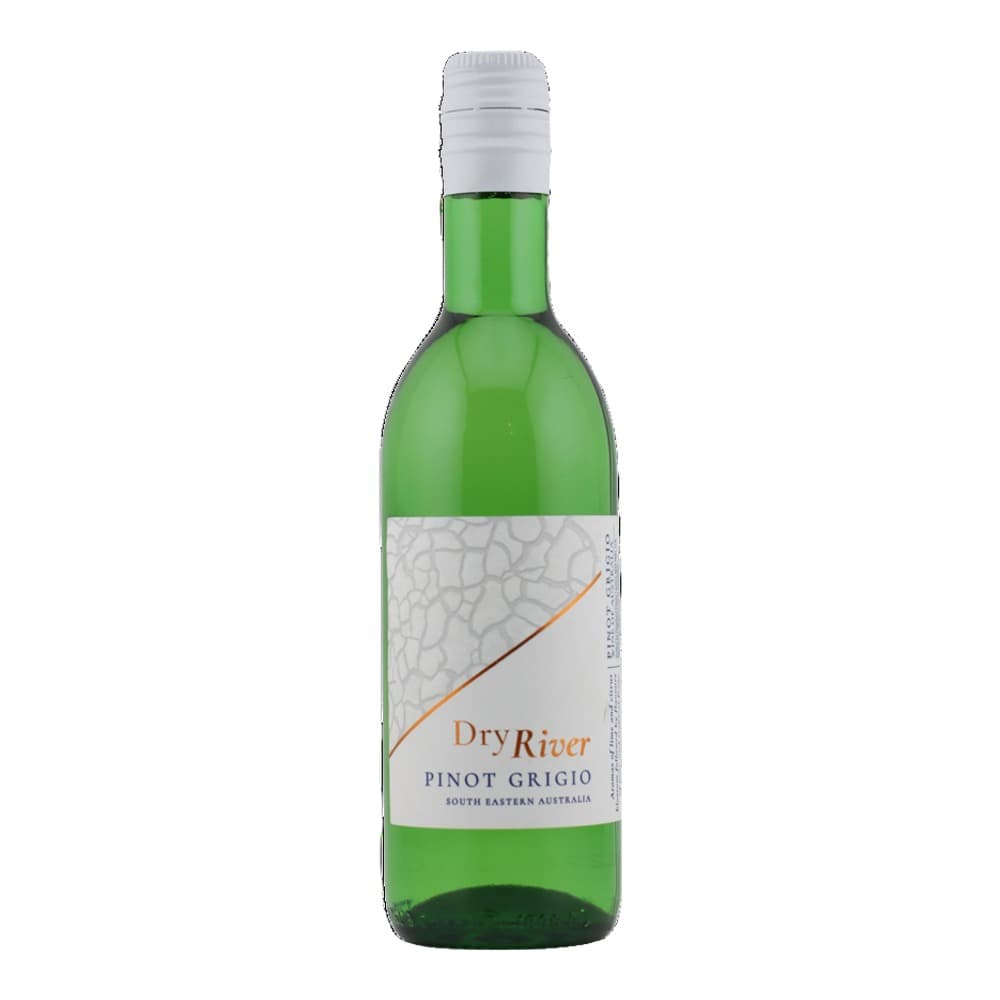 A bottle of Dry River Pinot Grigio white wine from South Eastern Australia with a white cap and label on a plain white background