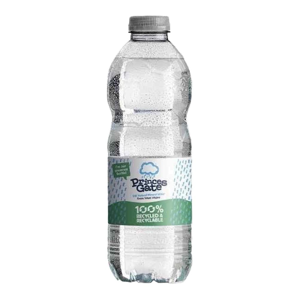 Clear plastic bottle of Princess Gate mineral water with green recycled label against white background