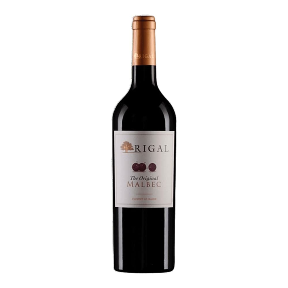 A bottle of Rigal The Original Malbec red wine with copper foil cap and label featuring three plums, shown against a plain white background.