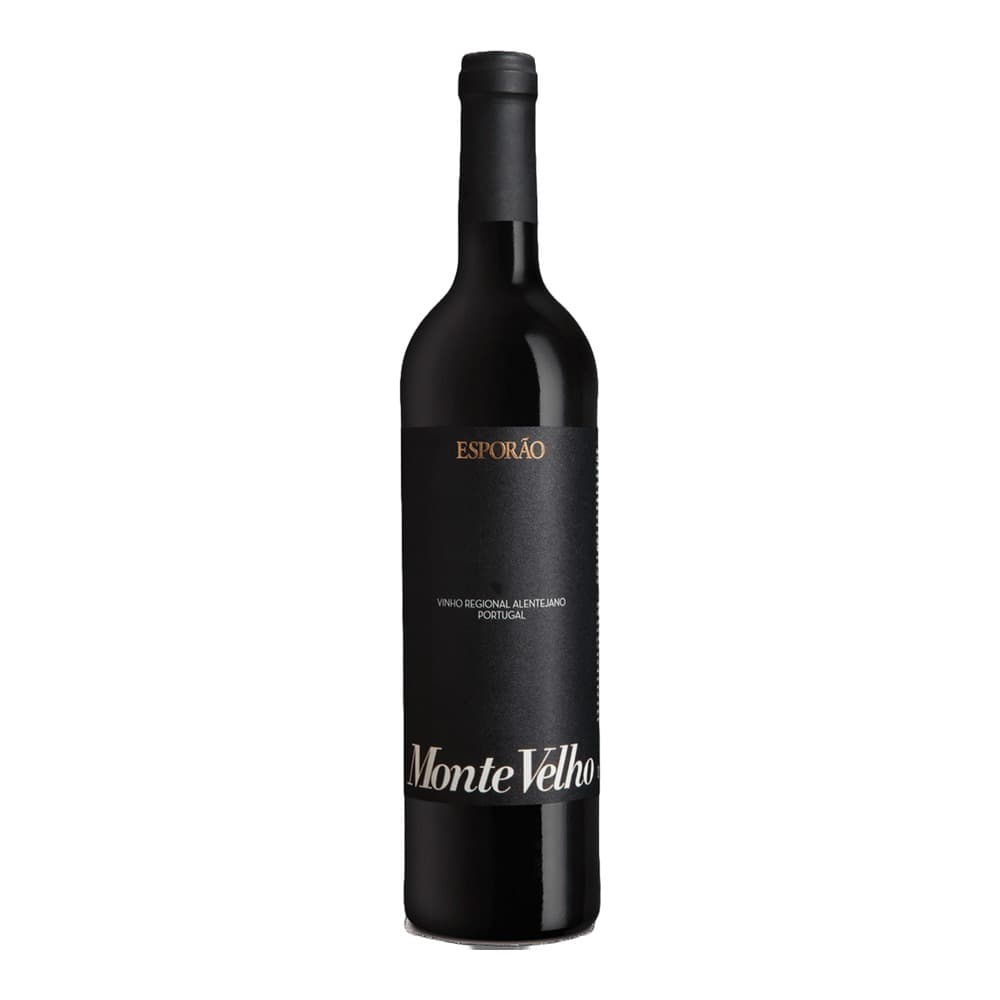 A bottle of Esporão Monte Velho red wine from Portugal, featuring a black label with gold and silver text on a plain white background.