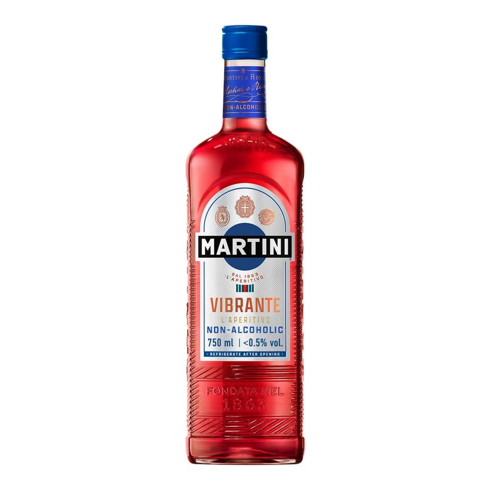 A bottle of Martini Vibrante non-alcoholic aperitivo with a bright red liquid, blue cap, and white label on a plain white background.