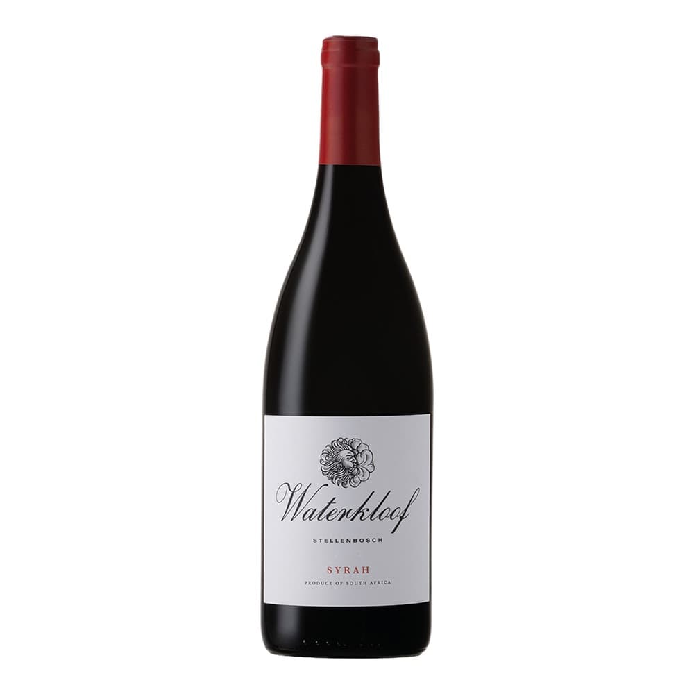 A bottle of Waterkloof Syrah red wine from Stellenbosch, South Africa, displayed on a white background with a red wax seal and white label featuring a lion emblem.
