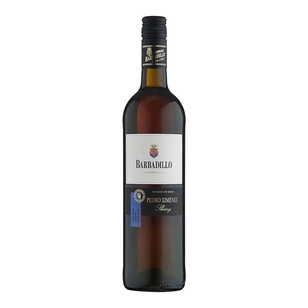 A bottle of Barbadillo Pedro Ximénez Sherry wine with dark liquid inside, featuring a cream and black label on a white background.