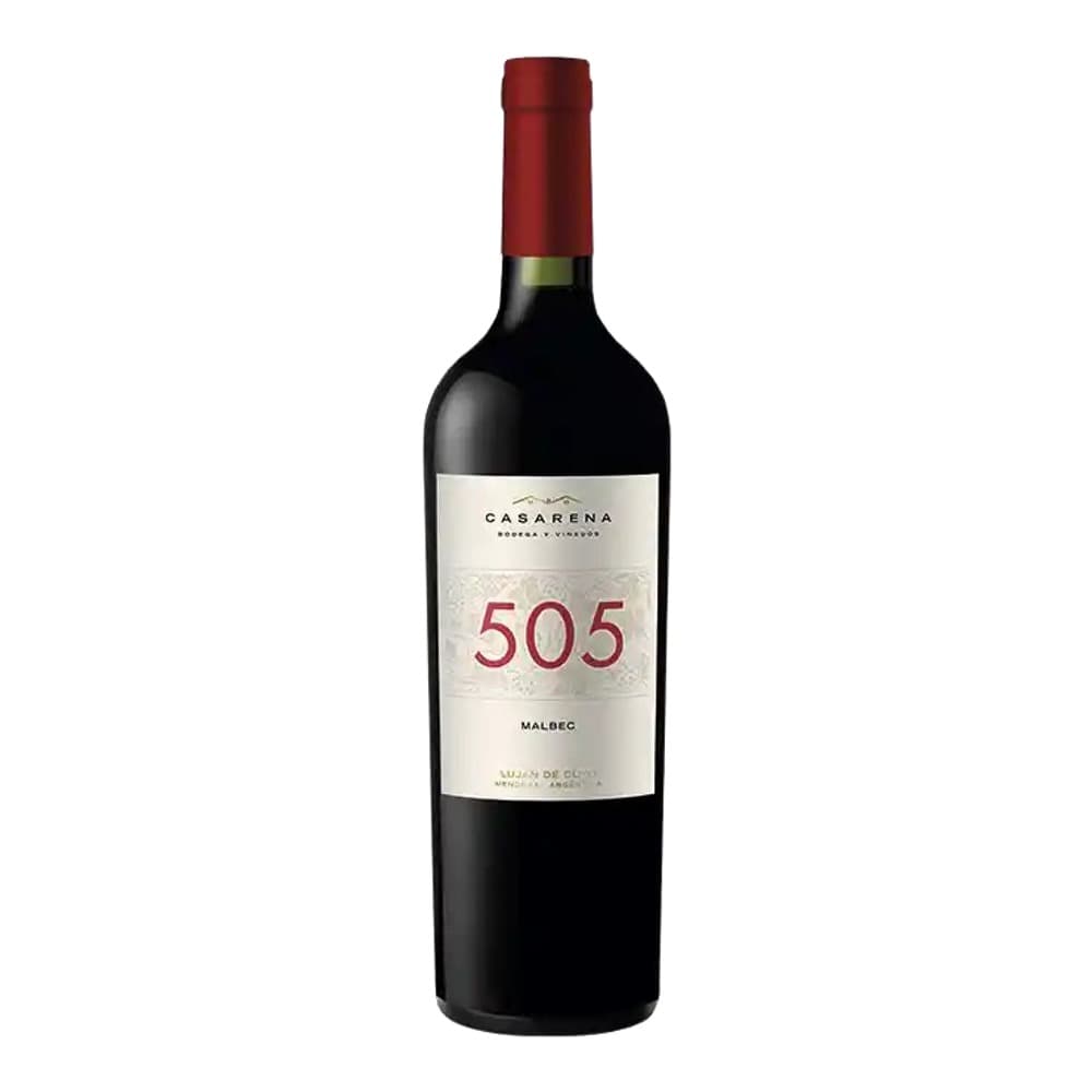 A bottle of Casarena 505 Malbec red wine with burgundy foil cap and cream-coloured label on a white background.