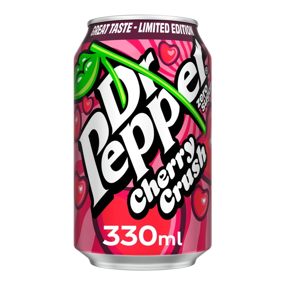 A 330ml can of Perp cherry-flavoured soft drink featuring bold pink and black graphic design with illustrated lime and cherry fruits on a white background.