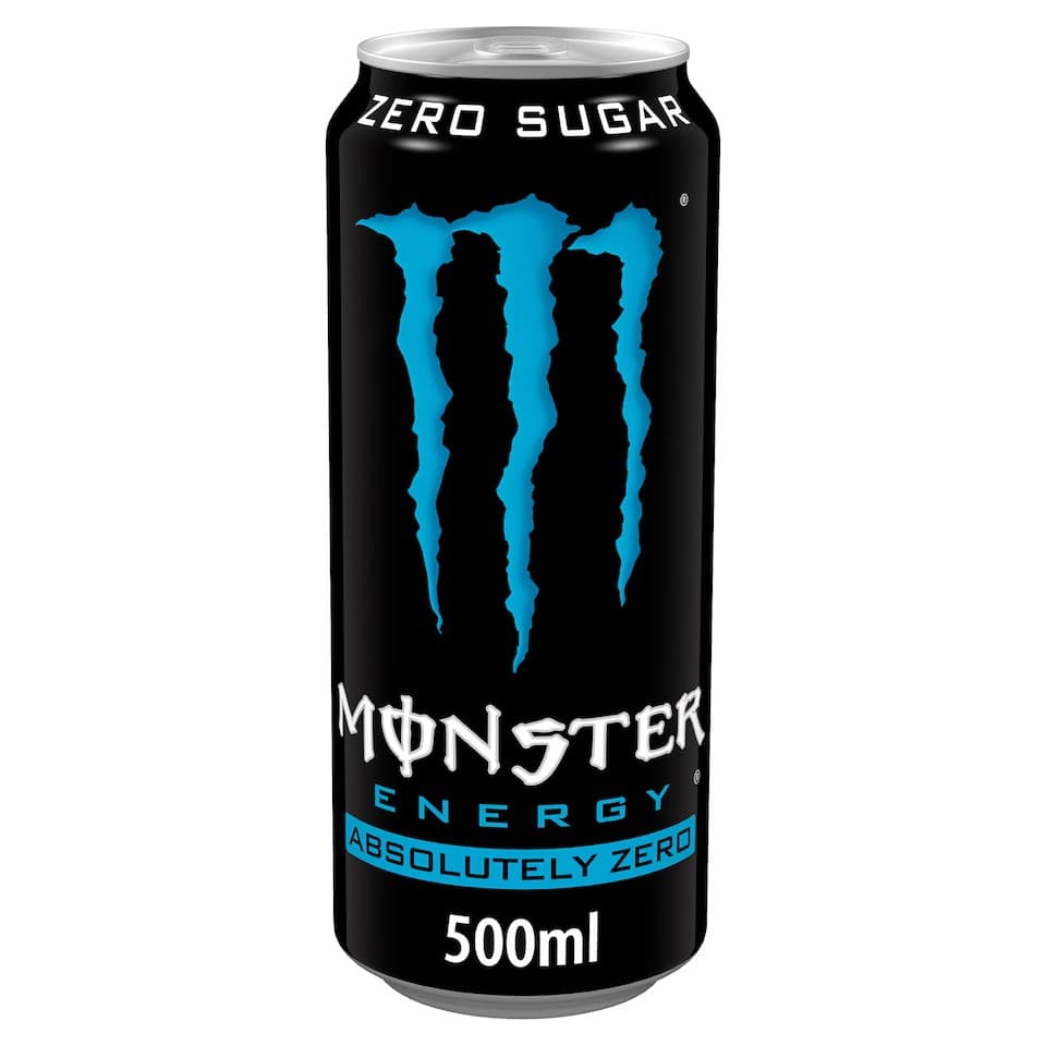 Black Monster Energy drink can with iconic blue claw logo, Zero Sugar variant, 500ml size