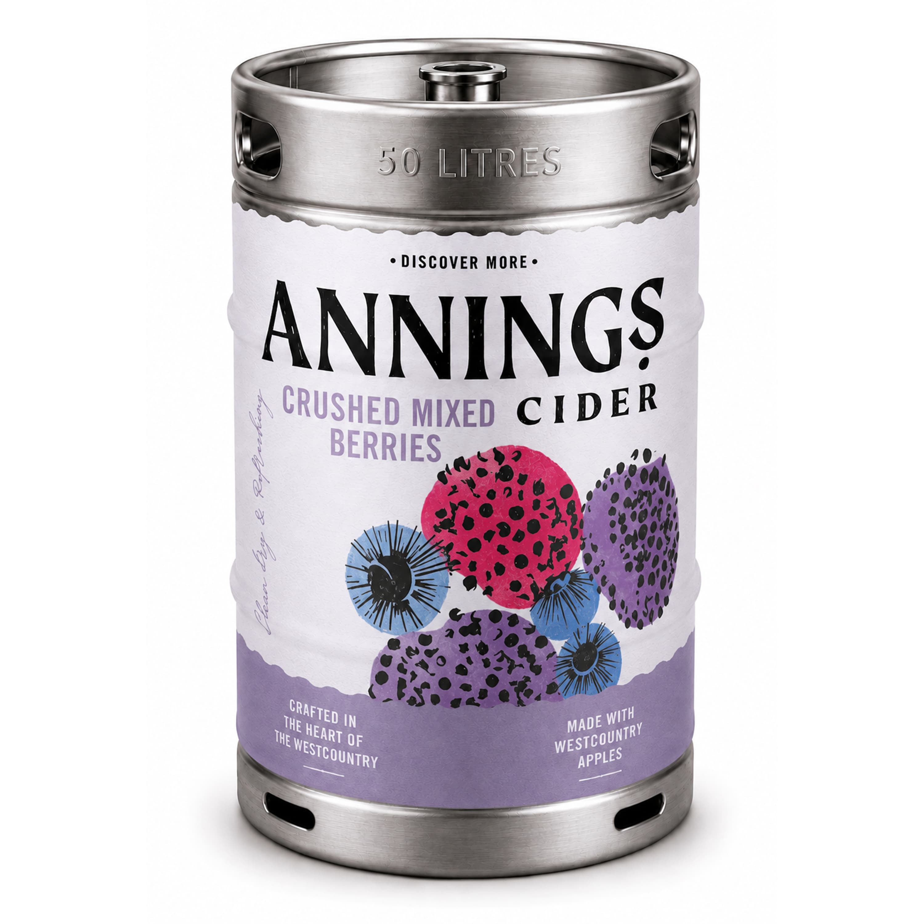 A 50 litre stainless steel keg of Annings Crushed Mixed Berries Cider with white and purple label featuring illustrated berries and blue flowers.