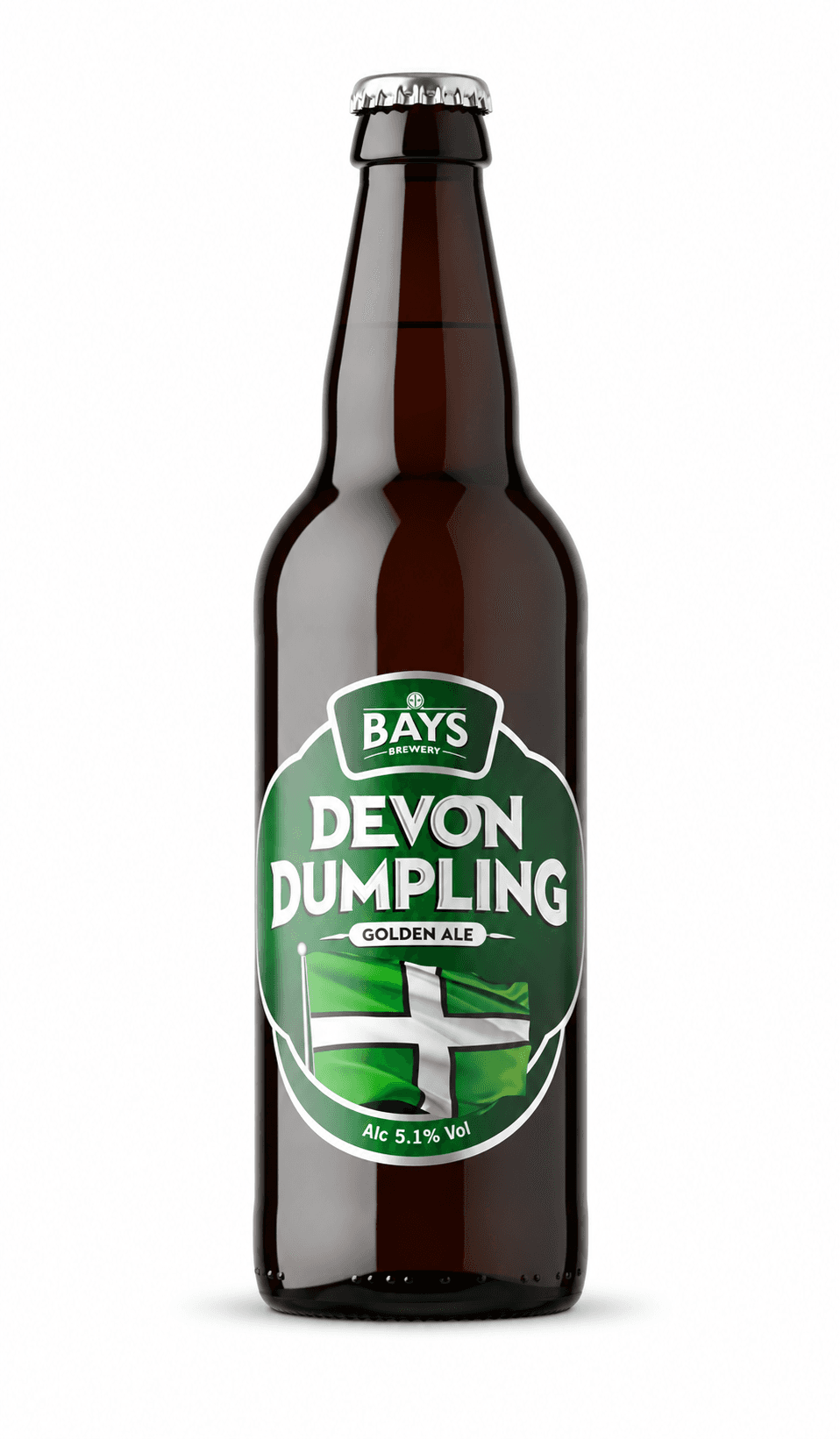 A brown glass bottle of Bays Brewery Devon Dumpling Golden Ale with a green and white label showing 5.1% alcohol volume, isolated on a white background.
