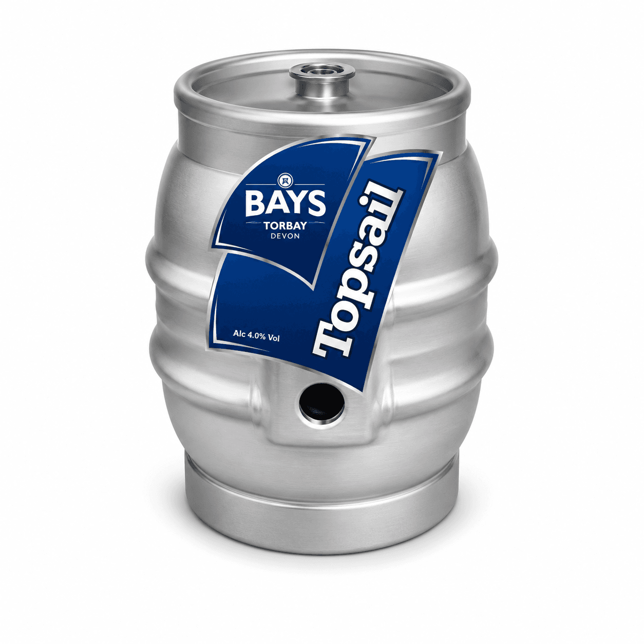 Silver aluminium beer keg with blue Bays Topsail label showing 4.0% alcohol content, photographed against a white background.