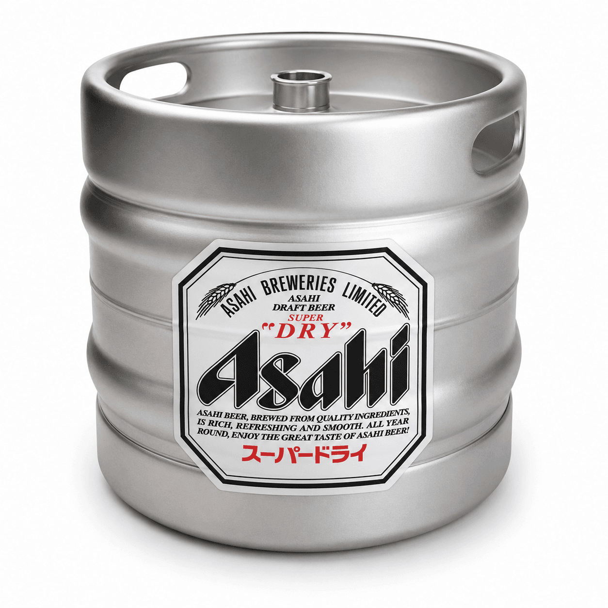 A silver metal beer keg with an Asahi Super Dry label featuring black and white octagonal branding and Japanese text, photographed against a white background.