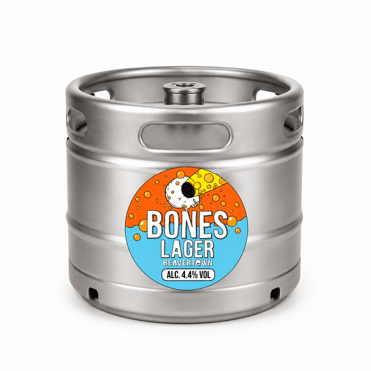Silver stainless steel beer keg with orange and blue Bones Lager label featuring a cartoon eye design and 4.4% ABV alcohol content marking.