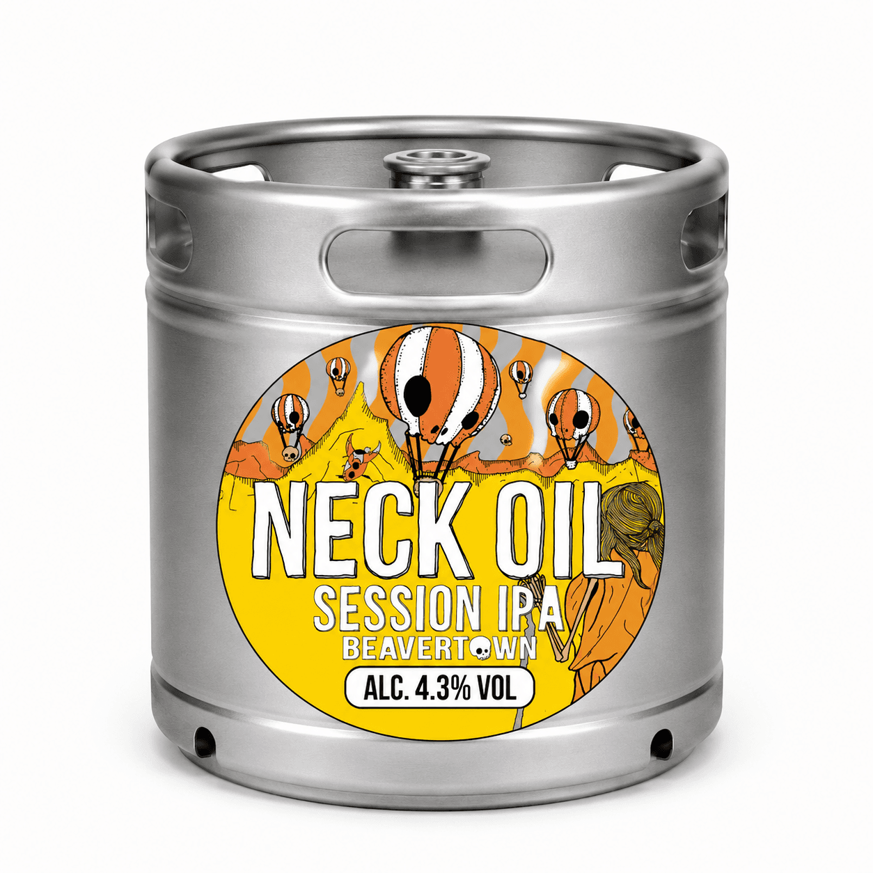 Stainless steel beer keg with yellow circular label featuring hot air balloons and text reading 'Neck Oil Session IPA Beavertown' with 4.3% alcohol content