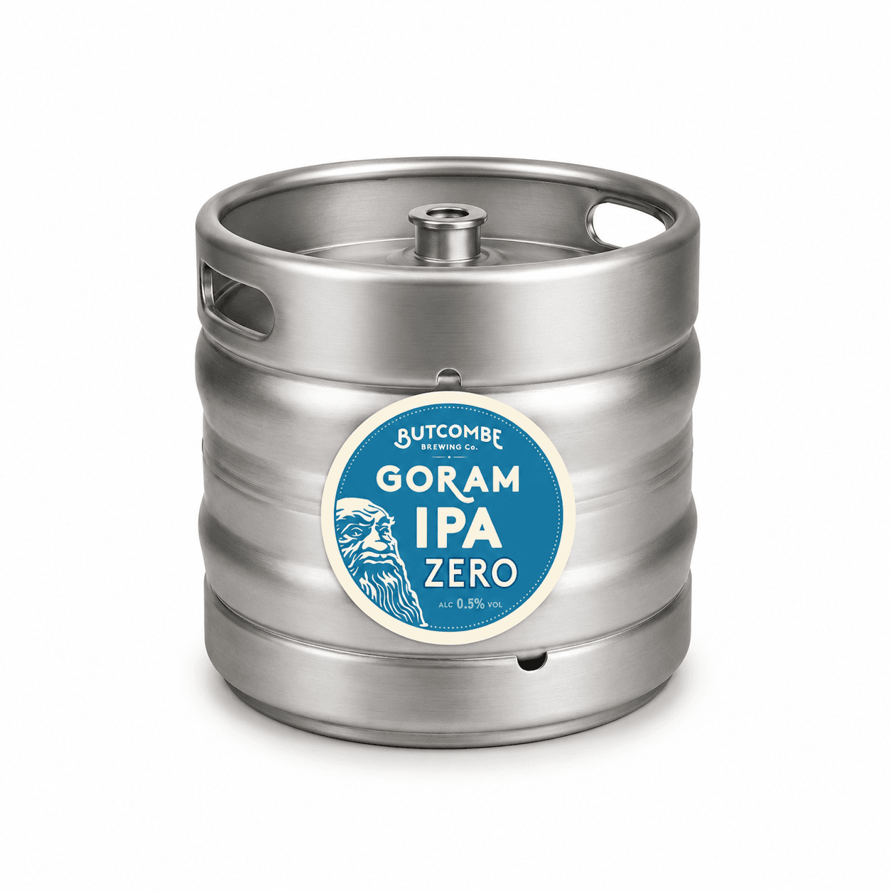 Stainless steel beer keg with blue circular label reading Butcombe Goram IPA Zero, 0.5% ABV