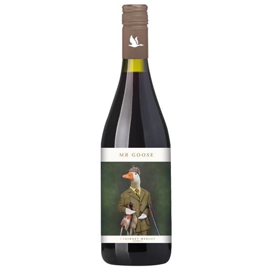 A bottle of Mr Goose Cabernet Merlot red wine with a stylised goose character illustration on the label, positioned against a plain white background.
