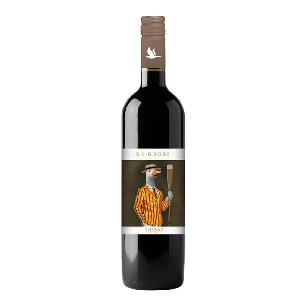 A bottle of Mr Goose Shiraz red wine against a white background, featuring a label with an illustrated goose wearing a yellow striped jacket and holding a glass.