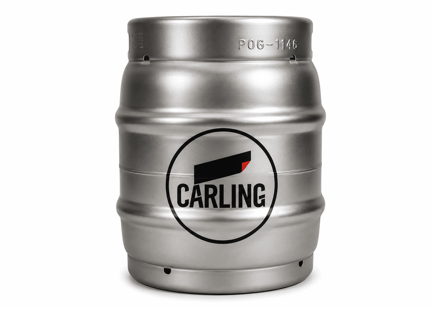Stainless steel beer keg with Carling branding and logo on a white background