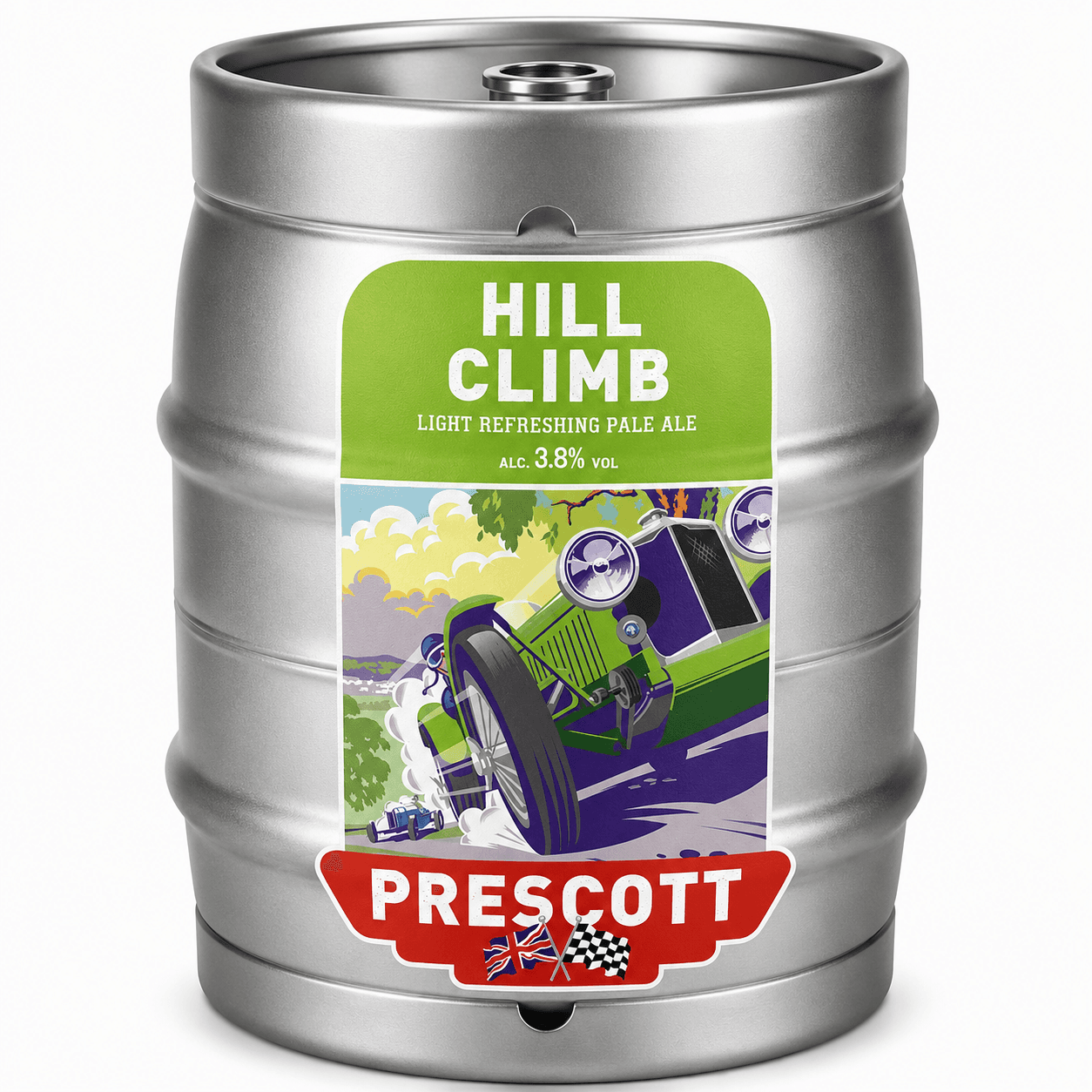 A silver metal keg with a green and red label for Prescott Hill Climb pale ale, featuring an illustration of a vintage racing car climbing a hill