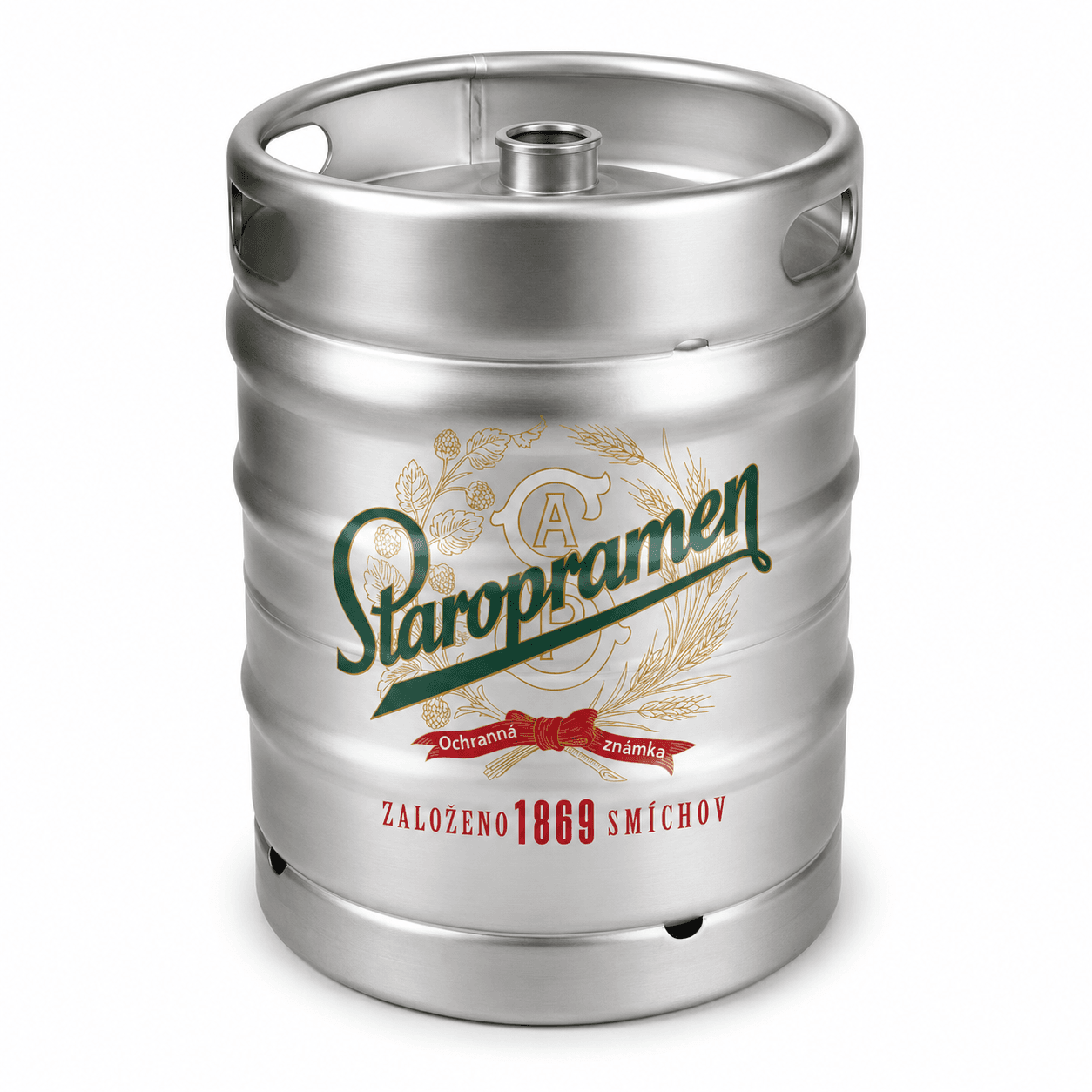 A stainless steel beer keg with the Staropramen brewery label featuring green text, gold hop motif, and red banner with 1869 founding date.