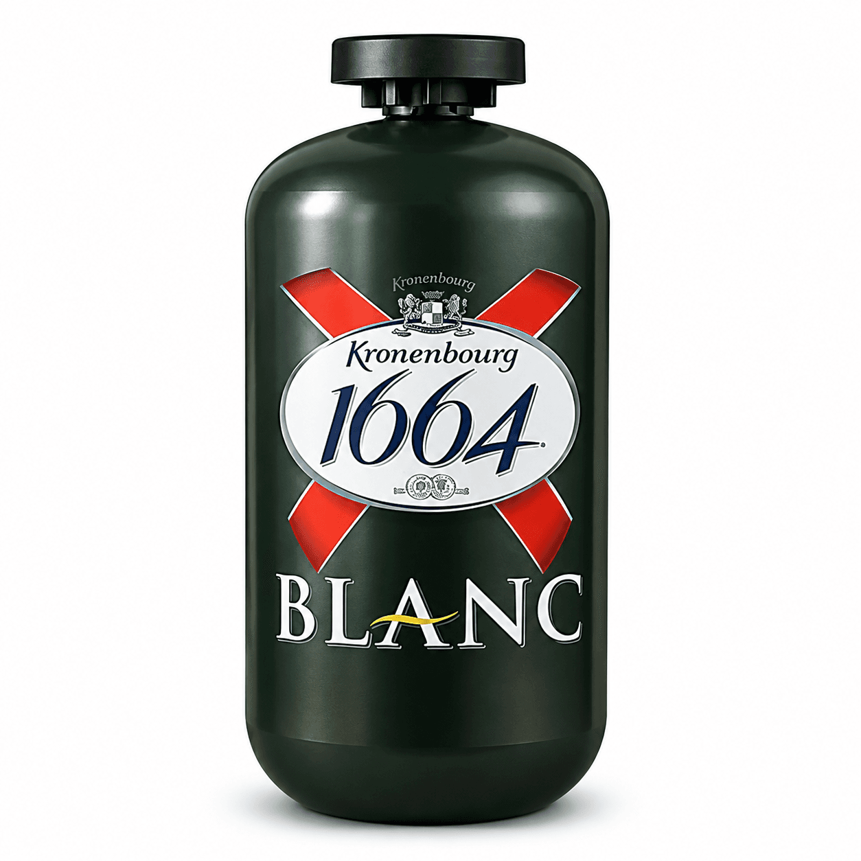 A dark green glass bottle of Kronenbourg 1664 Blanc beer with a black cap, featuring a white oval label with red flag emblems and the brand logo against a plain white background.