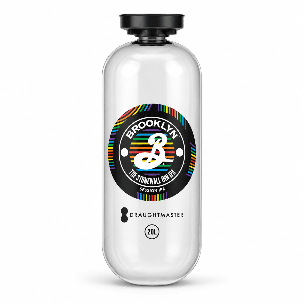 Clear glass keg bottle with black cap featuring Brooklyn Brewery's colourful circular logo with rainbow stripes and the number 3, labelled as Stonewall Inn IVY Session IPA, 20L Draughtmaster size.
