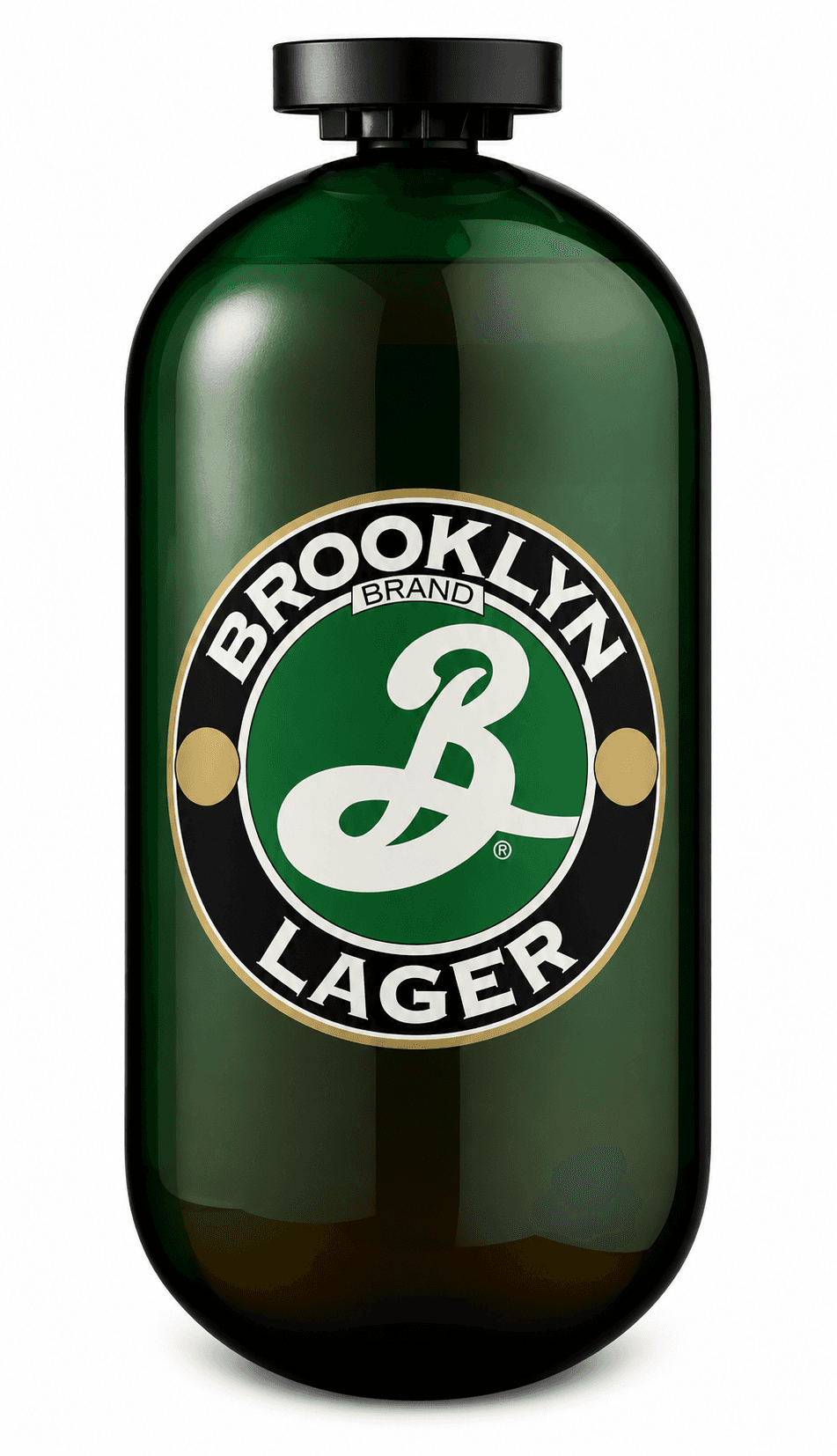 A green glass bottle of Brooklyn Brand Lager beer with black and gold label featuring the iconic 'B' logo, isolated on a white background.