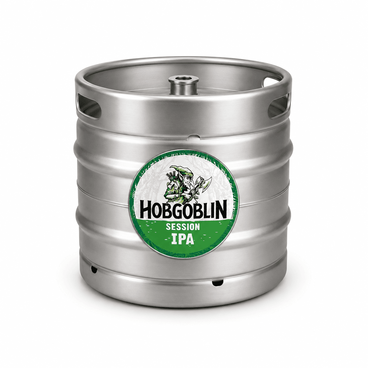 Stainless steel beer keg with Hobgoblin Session IPA label featuring green circle with hop design on white background