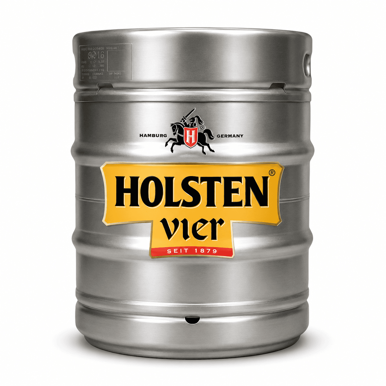 Stainless steel beer keg with Holsten Vier branding and yellow label featuring Hamburg Germany origin and since 1879 establishment date.