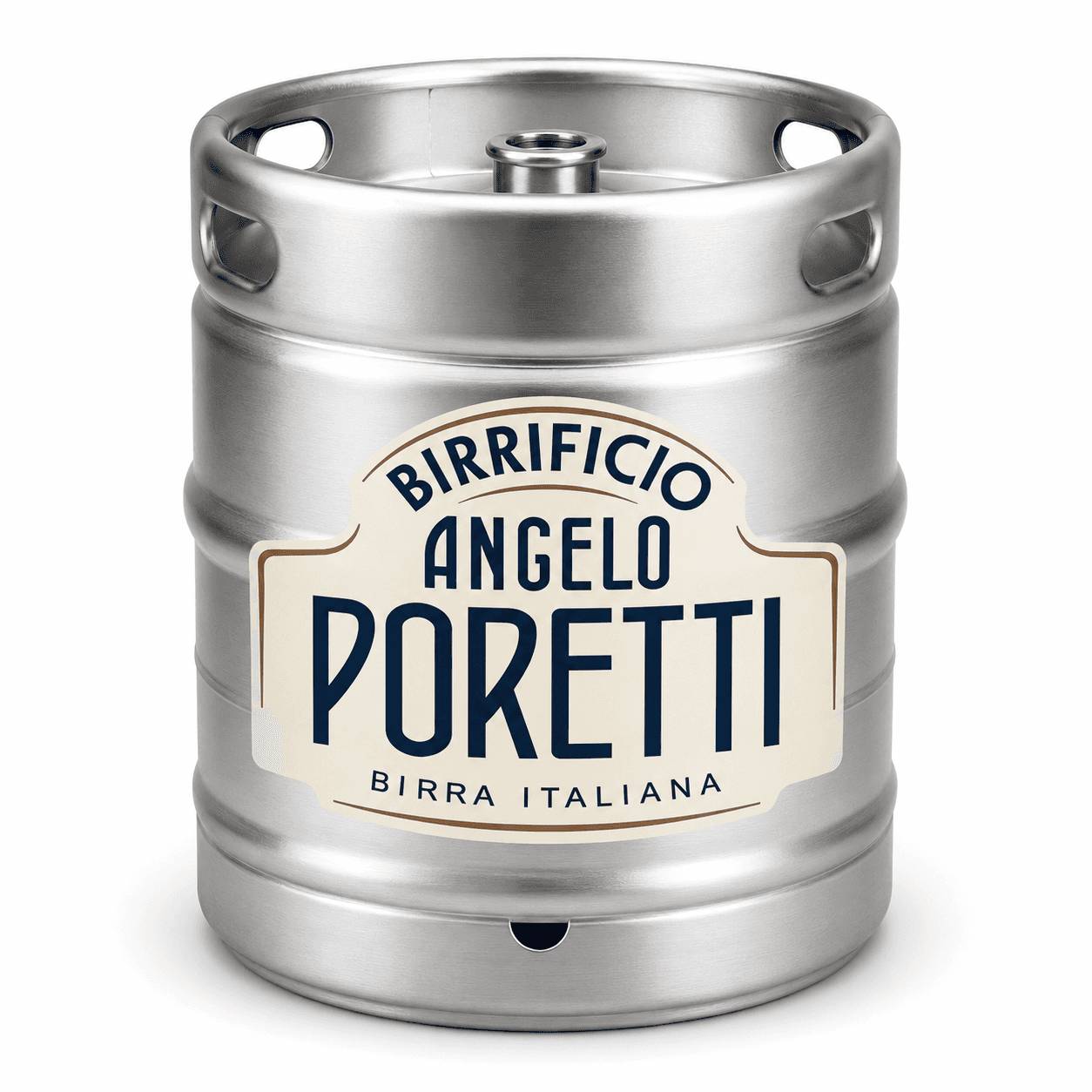 Silver stainless steel beer keg with Birrificio Angelo Poretti Italian beer branding label on a white background.