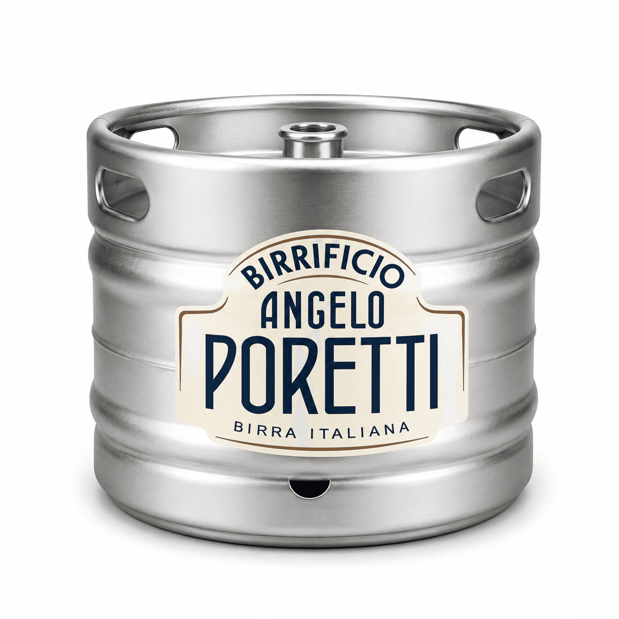 A stainless steel beer keg with a cream-coloured label reading 'Birrificio Angelo Poretti Birra Italiana'