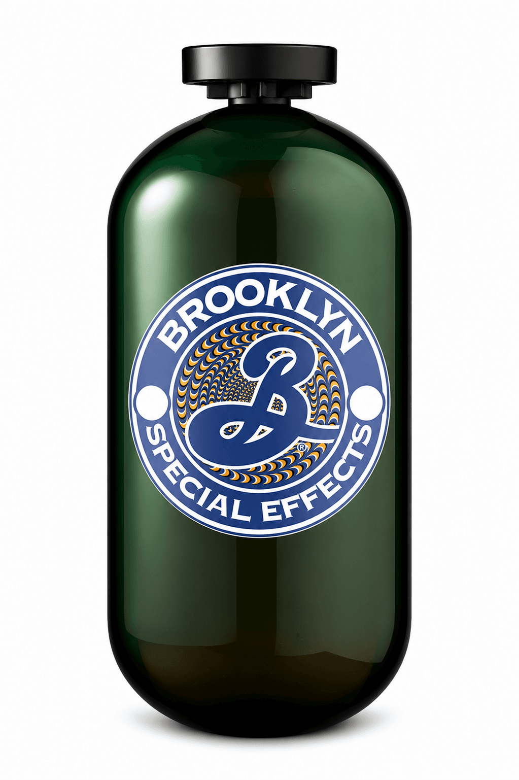 A dark green glass bottle of Brooklyn Special Effects beer with a blue and gold circular label featuring a serpent design, photographed against a white background.