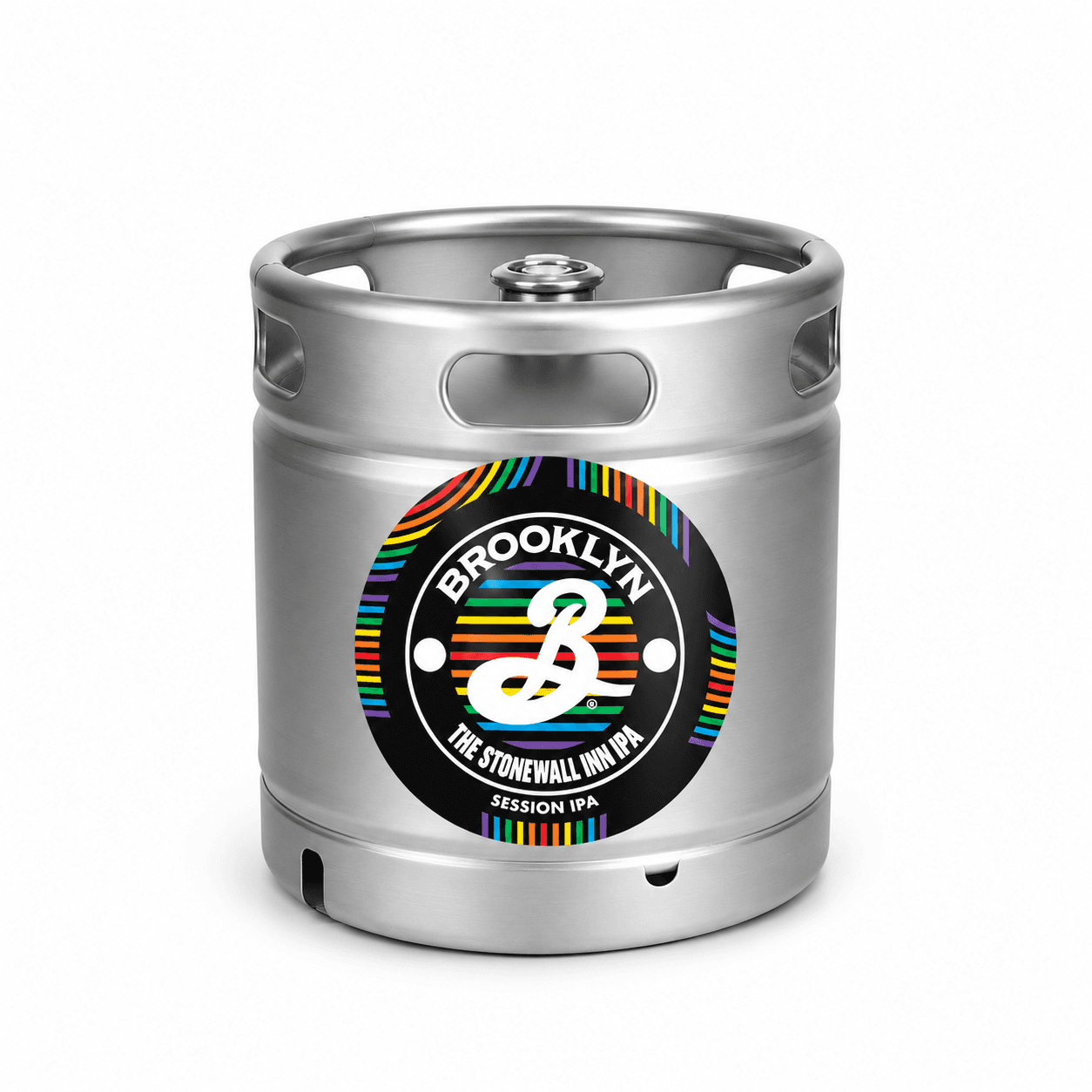 Stainless steel keg featuring Brooklyn Brewery's The Stonewall Inn IPA label with rainbow pride stripes and white logo on black circular label.