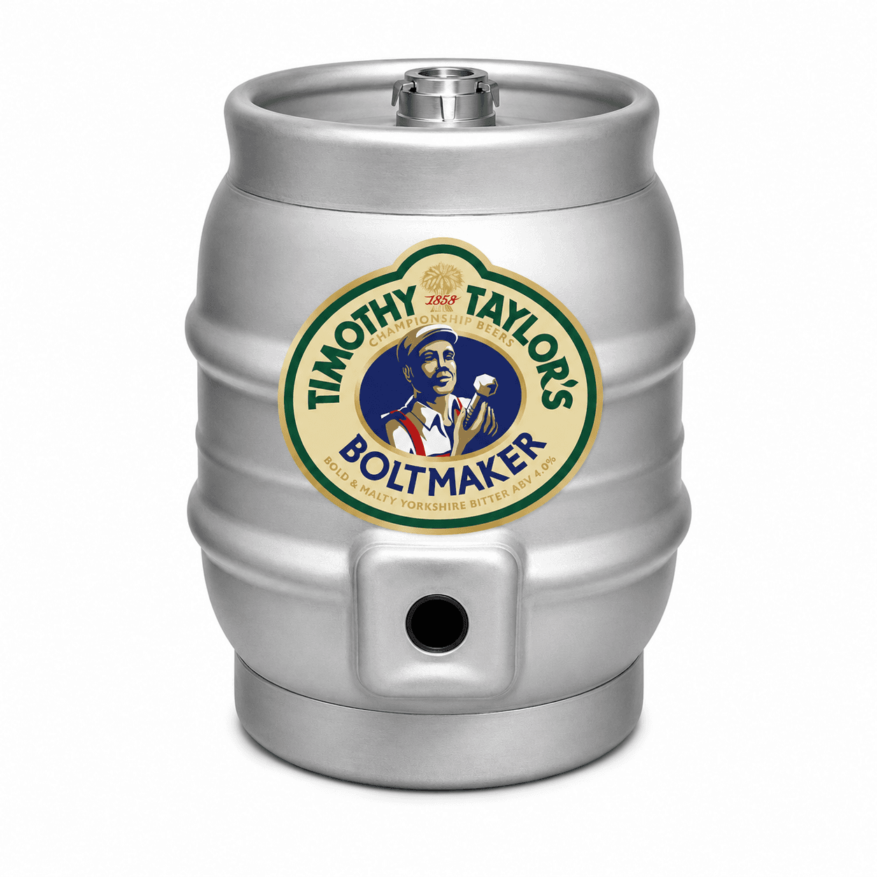 Silver metallic beer keg with Timothy Taylors Boltmaker brewery label featuring a portrait medallion against a white background