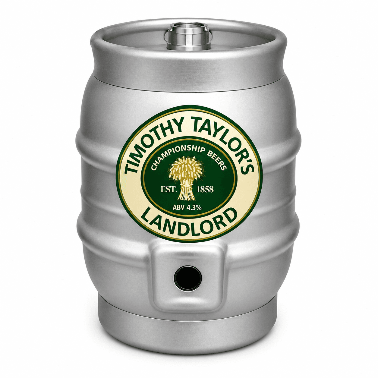 A silver metal mini keg with a Timothy Taylor Landlord beer label featuring a green circle with a wheat sheaf design, established 1858, ABV 4.3%